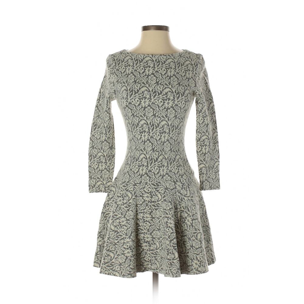 CATHERINE MALANDRINO Gray & White Floral Long Sleeve Drop Waist Dress - XS